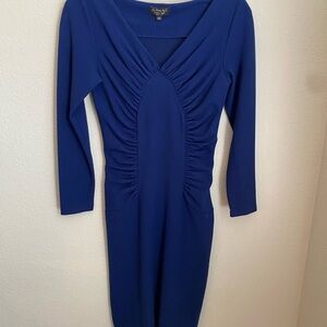 Chiara Boni Royal Blue Bodycon Dress with V-neck Long Sleeves and Ruching